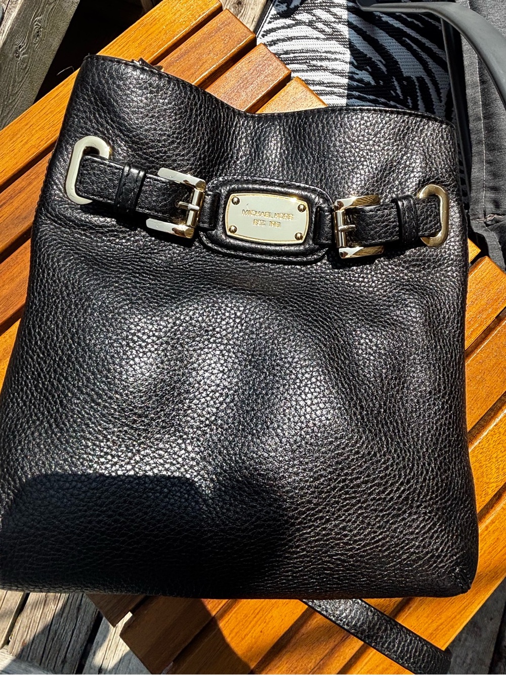 Michael Kors Black Pebbled Leather Shoulder Bag with Gold-Tone Plaque
